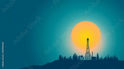 Silhouette of an oil tower against a vibrant sunset, capturing the essence of energy and nature in a striking visual. photo