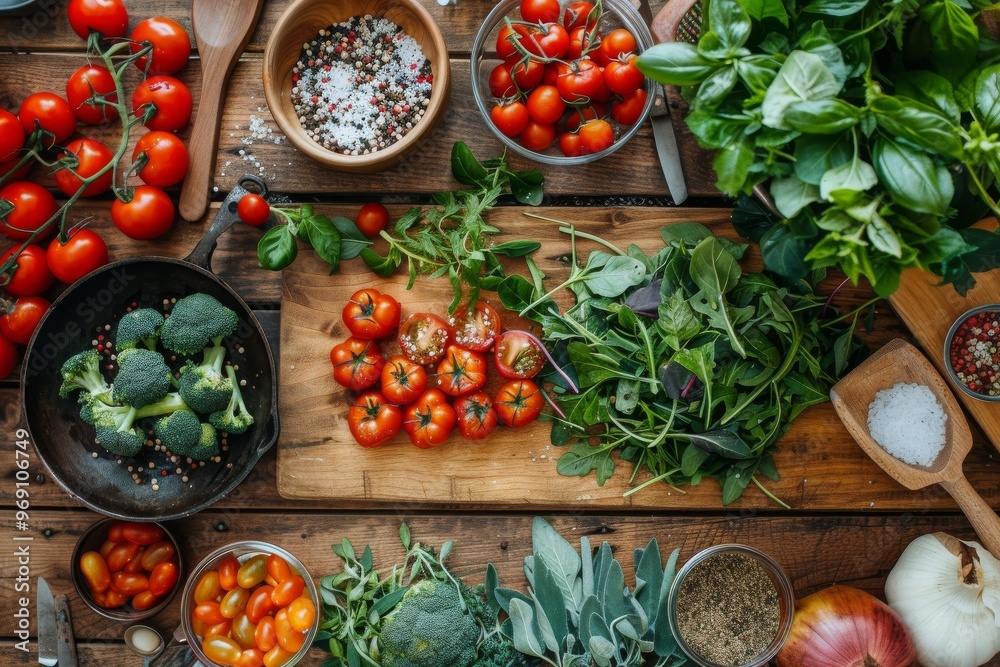 A colorful breakfast spread on a wooden table, featuring eggs, greens, fresh vegetables, and juices, in a cozy sunlit kitchen A colorful breakfast spread on a wooden table, featuring eggs, greens, fresh vegetables, and juices, in a cozy sunlit kitchen