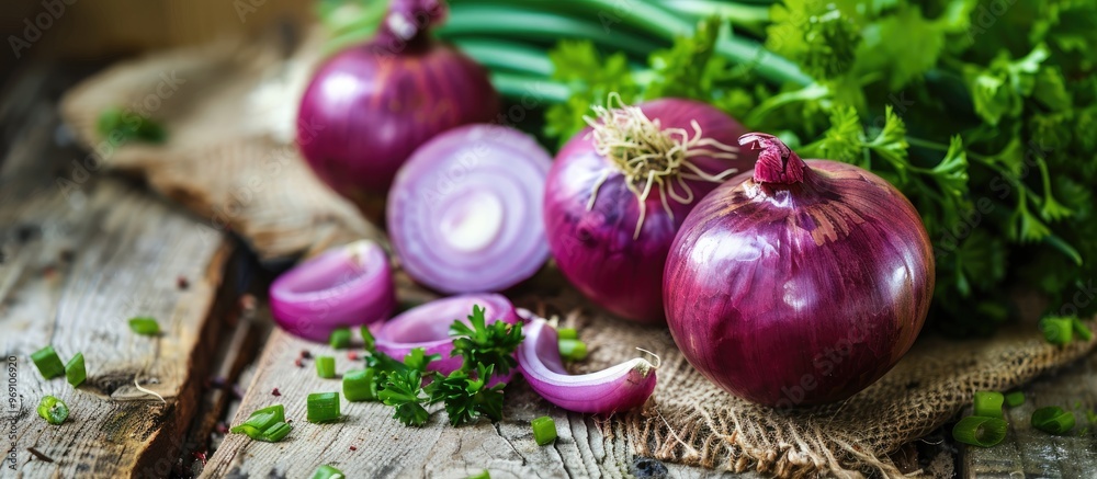 Onion greens on a wooden surface with copyspace Onion greens on a wooden surface with copyspace