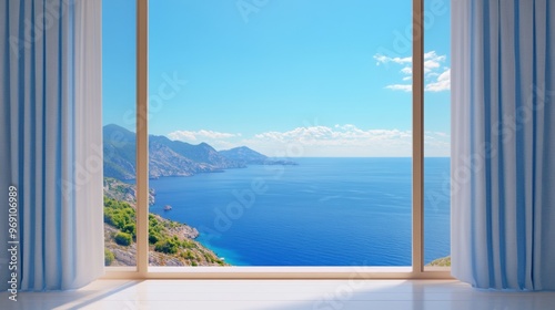 A view of a window with curtains and blue sky  AI