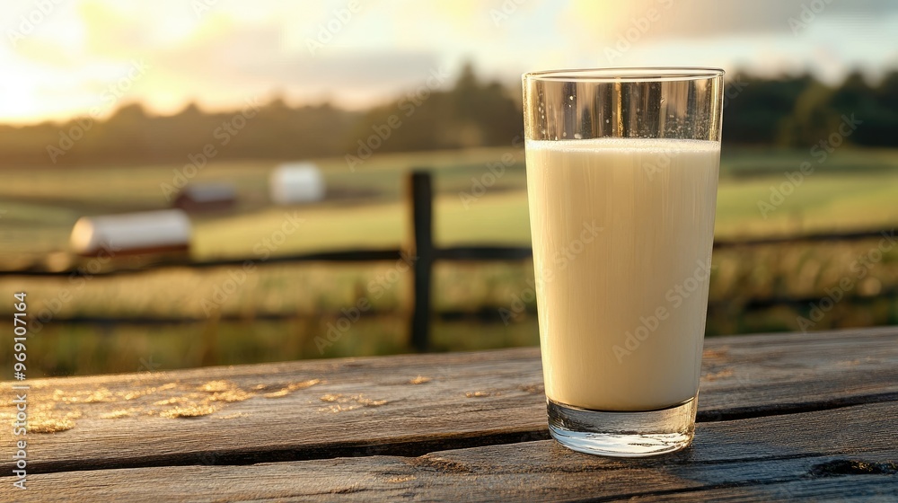 A refreshing glass of milk on a wooden table, with a farm landscape visible outside. A refreshing glass of milk on a wooden table, with a farm landscape visible outside.