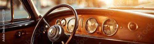 Close-up shot of a vintage car dashboard
