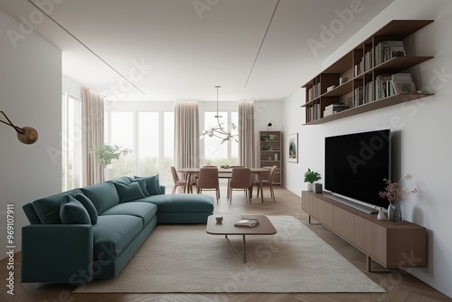 3D Visualization of Open-Plan Living Room Featuring Sofa Dining Table and Bookshelf on White Background