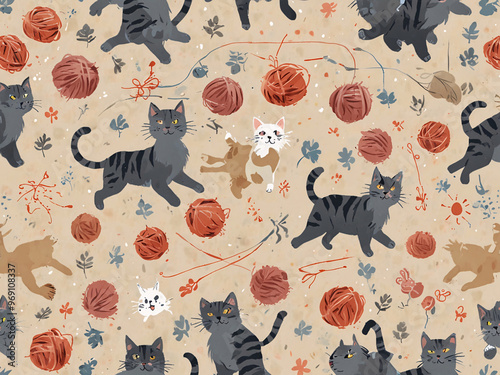 A whimsical pattern of tiny, playful cats chasing yarn balls