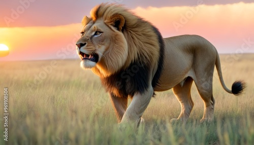 Wallpaper Mural A majestic male lion with a magnificent mane walks through the grasslands at sunset. The golden light enhances the lion's regal appearance, creating a breathtaking wildlife scene.. AI Generation Torontodigital.ca
