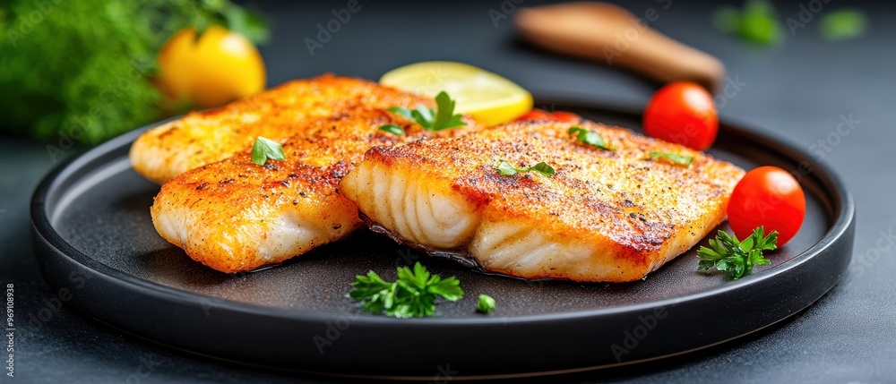Fish Fillets on Platter with Garnish and Vegetables, Ready to Serve. Fish Fillets on Platter with Garnish and Vegetables, Ready to Serve.