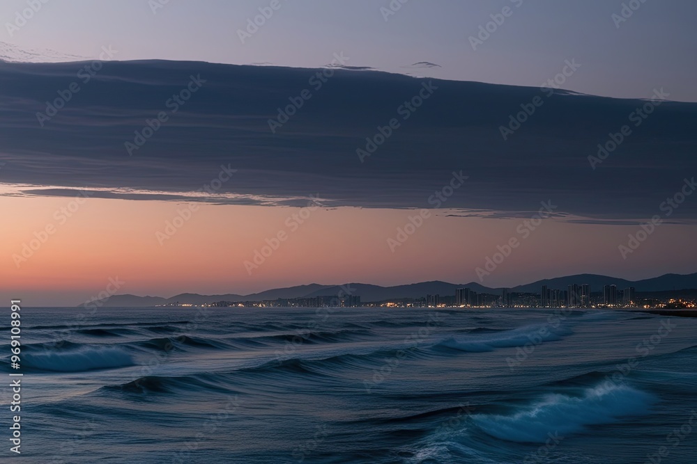 Obraz premium Twilight Glow on Ocean Waves with Clear Coastline and Serene Skyline