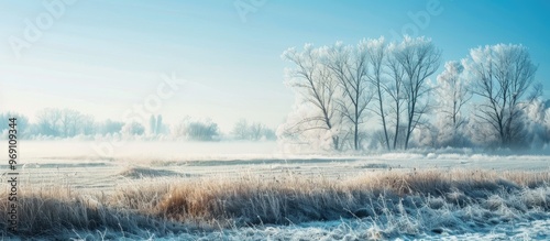 beautiful serene winter landscape chilly winter season backdrop icy grass frosty conditions New Year and Christmas holiday theme copy space photo