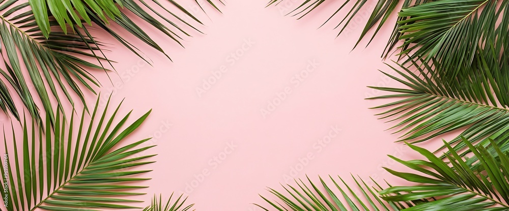 Flat lay of tropical palm leaves on a pink background Flat lay of tropical palm leaves on a pink background