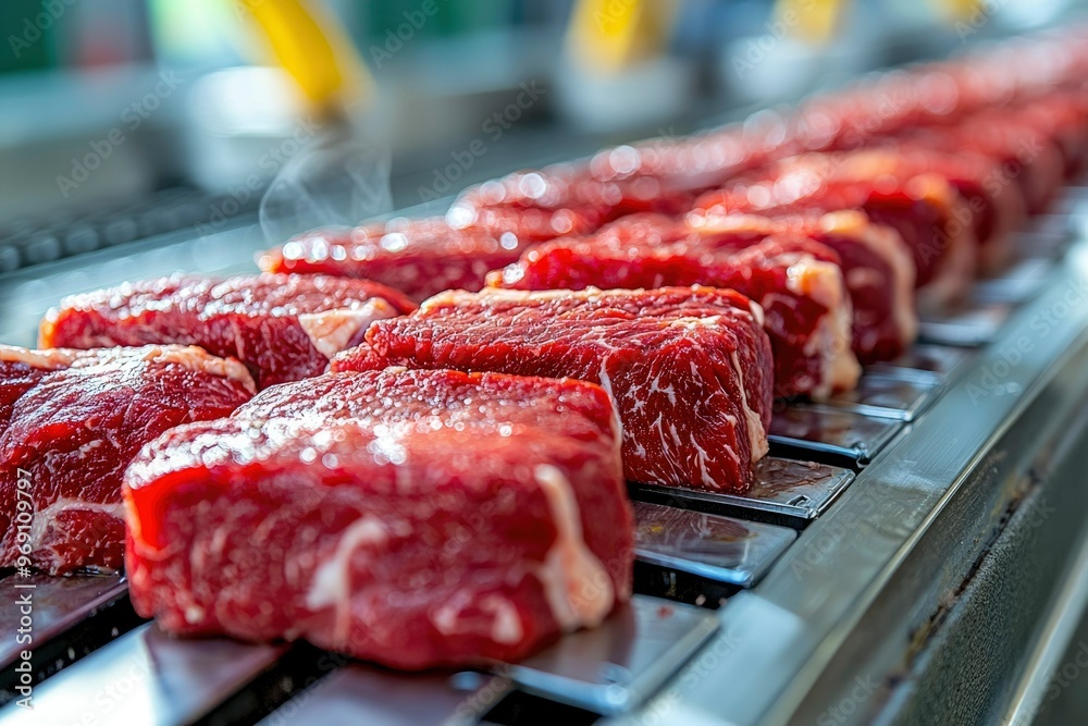 Raw Beef Steaks on Conveyor Belt in Food Processing Plant Raw Beef Steaks on Conveyor Belt in Food Processing Plant