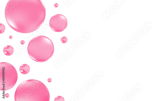 Glowing pink liquid bubbles or fluid jelly droplets isolated on transparent background. Aesthetic composition for cosmetology, beauty science, skin care molecular concept.