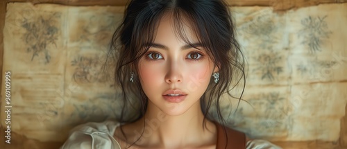 Woman with Long Hair Sitting Against Textured Wooden Wall. photo