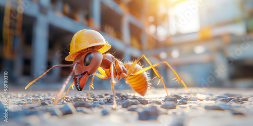 Fototapeta Naklejka Na Ścianę i Meble -  ant wearing a yellow hard hat at a construction site, blending nature with industry in a whimsical and creative concept