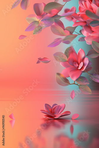 A delicate pastel spring background featuring a flat lay of fresh pink field flowers, roses, petals, and leaves, with ample copy space. Generative AI.