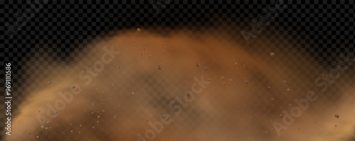 Vector illustration of a sand explosion with dirt and cloud smoke. Brown sandstorm splash and  dirty ground with a textured wind effect.Yellow flying particles and stone.