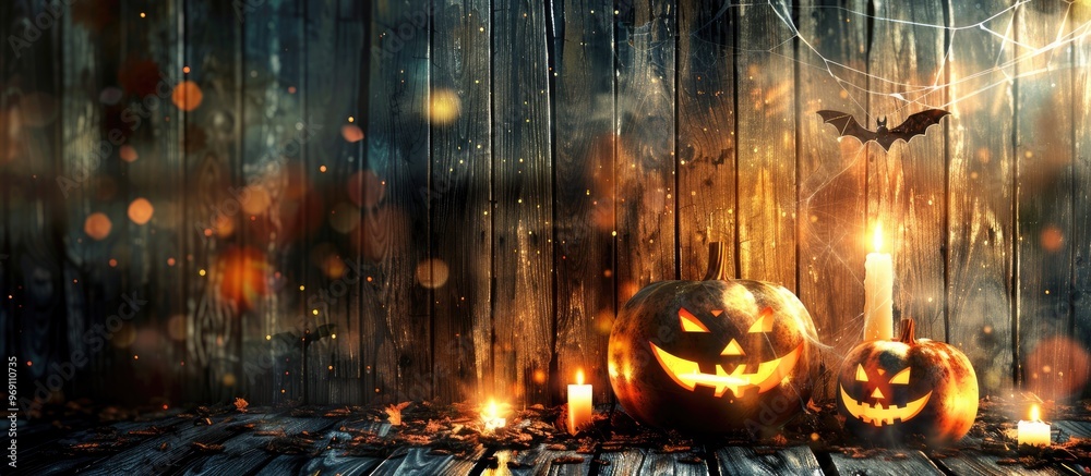 Halloween decorations on a wooden background in a house. with copy space image. Place for adding text or design Halloween decorations on a wooden background in a house. with copy space image. Place for adding text or design