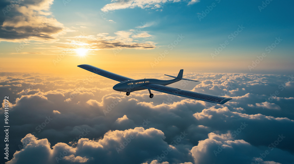 A solar-powered airplane soaring high above the clouds, representing the potential of renewable energy in aviation.