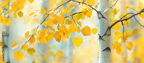 Green birch leaves turning yellow as autumn arrives with copy space for text