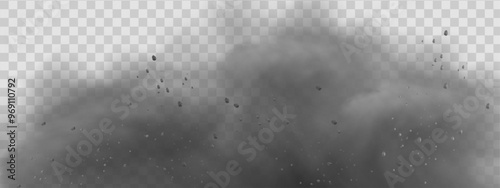 Vector illustration of a sand explosion with dirt and cloud smoke. Brown sandstorm splash and  dirty ground with a textured wind effect.Yellow flying particles and stone.