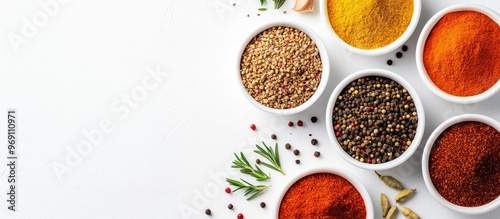 Various spices in bowls on a white background Top view with copyspace