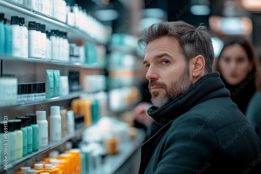 A thoughtful man with a beard is browsing a shelf filled with skincare products in a well-lit store. A thoughtful man with a beard is browsing a shelf filled with skincare products in a well-lit store.