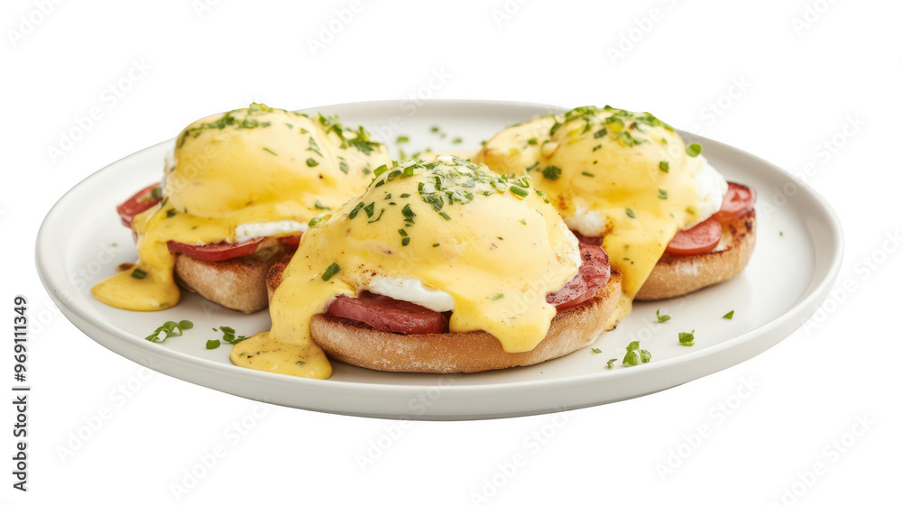 Delicious eggs benedict served on toasted English muffins, topped with creamy hollandaise sauce and garnished with fresh chives. perfect breakfast or brunch dish! Delicious eggs benedict served on toasted English muffins, topped with creamy hollandaise sauce and garnished with fresh chives. perfect breakfast or brunch dish!