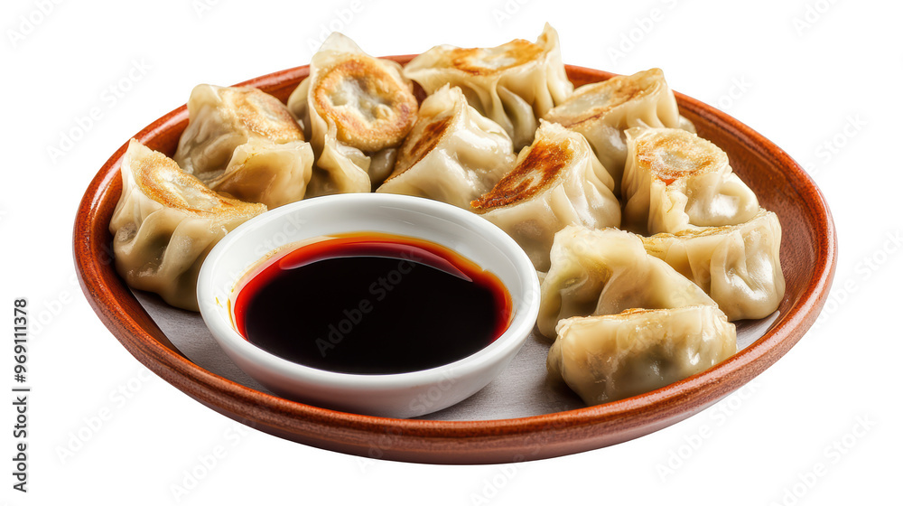 Delicious dumplings served on wooden plate with side of soy sauce, perfect for sharing or enjoying alone. golden brown edges add delightful crunch to each bite. Delicious dumplings served on wooden plate with side of soy sauce, perfect for sharing or enjoying alone. golden brown edges add delightful crunch to each bite.