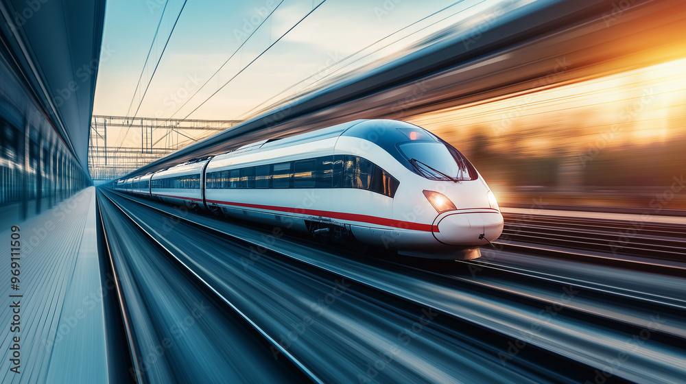 Fototapeta premium A futuristic electric train speeding through the countryside, powered by renewable energy sources and leaving no carbon footprint.