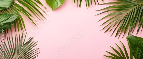Flat lay of tropical palm leaves on a pink background