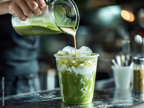 A barista pouring a freshly made iced matcha latte into a clear cup with ice, creating a swirled milk and matcha effect.