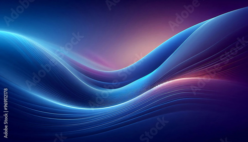 A smooth flowing abstract background featuring gradients of deep blues and purples with soft curves and light reflections creating a serene and ethereal ambiance