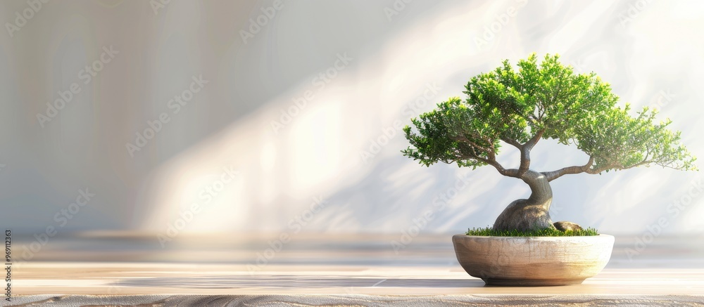 A beautiful bonsai tree in a pot placed on a wooden table with a white background. with copy space image. Place for adding text or design A beautiful bonsai tree in a pot placed on a wooden table with a white background. with copy space image. Place for adding text or design