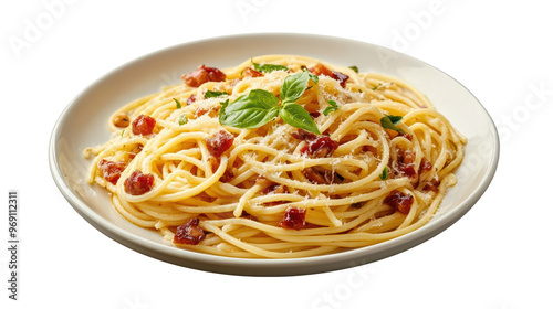 Delicious spaghetti pasta topped with sun dried tomatoes and fresh basil, served in white bowl. This dish is perfect for comforting meal or special occasion. 