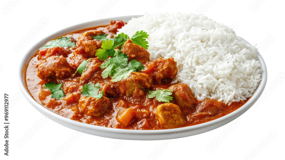 Delicious curry with tender meat, served with fluffy white rice and garnished with fresh cilantro, creating vibrant and appetizing meal. Delicious curry with tender meat, served with fluffy white rice and garnished with fresh cilantro, creating vibrant and appetizing meal.