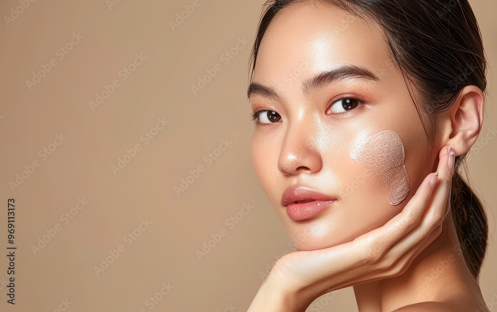 A woman's flawless complexion is highlighted by a swatch of foundation on her cheek, showcasing the smooth texture and natural tone of the beauty product. A woman's flawless complexion is highlighted by a swatch of foundation on her cheek, showcasing the smooth texture and natural tone of the beauty product.