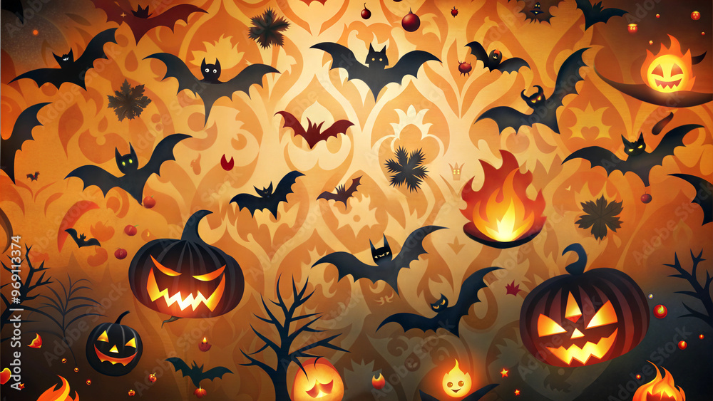 Halloween-Themed Background with Glowing Pumpkins, Bats, and Flames Halloween-Themed Background with Glowing Pumpkins, Bats, and Flames