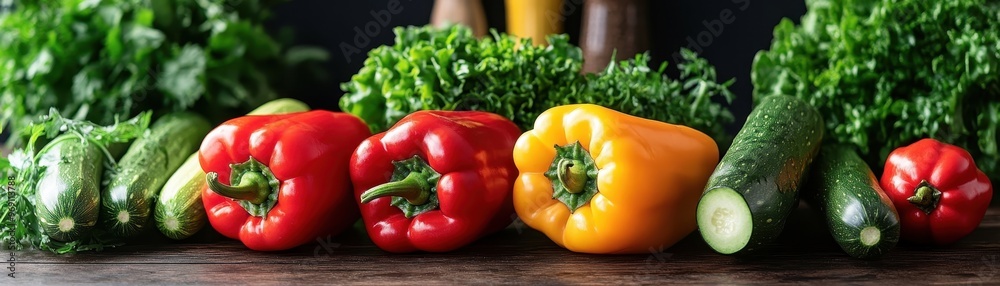 Vibrant bell peppers, zucchini, and leafy greens displayed on a wooden surface, emphasizing fresh, healthy vegetables for cooking. Vibrant bell peppers, zucchini, and leafy greens displayed on a wooden surface, emphasizing fresh, healthy vegetables for cooking.