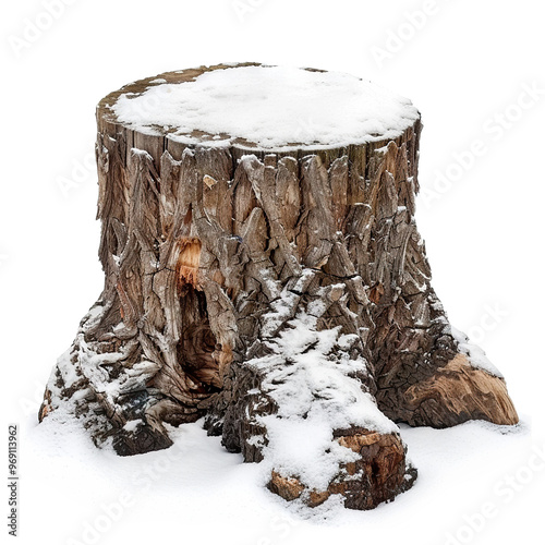 Old tree stump covered in snow, cut out photo