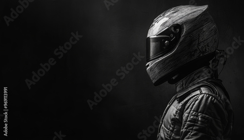 A striking black and white portrait of a race car driver wearing a helmet and racing suit, with a dramatic, moody background.
