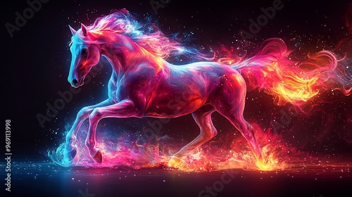 Semiabstract horse in motion its mane and tail flowing into vibrant neon swirls symbolizing freedom strength and energy photo