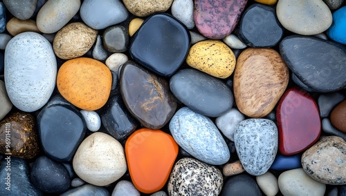 Smooth, colorful river rocks arranged in a pattern. photo