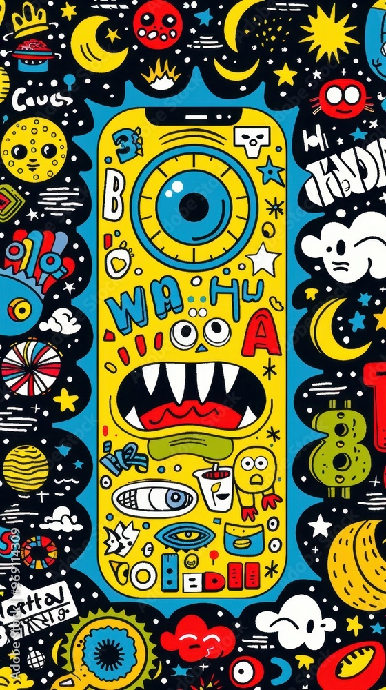 Fototapeta premium wallpaper created with cartoon monsters and graphic patterns