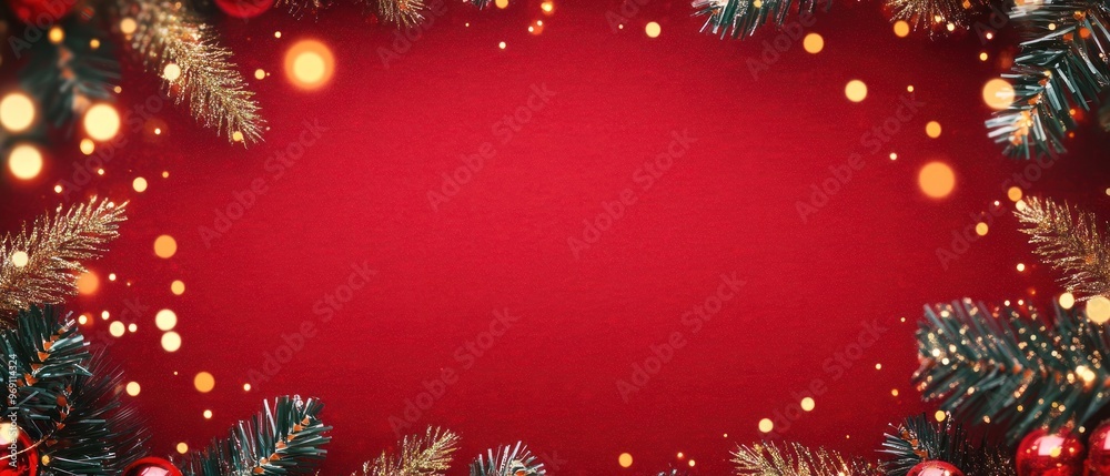 Red Glitter Background with Christmas Tree Branches and Lights Red Glitter Background with Christmas Tree Branches and Lights
