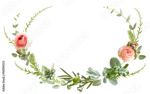 Delicate floral arrangement featuring pink roses and green plants, cut out