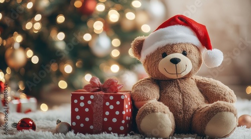 A cute teddy bear wearing a Santa hat sits next to a wrapped Christmas gift with christmas tree in the background.