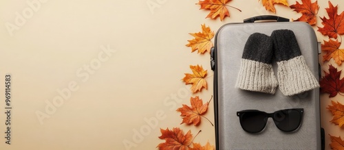 Autumn travel inspiration scene A gray suitcase maple leaves a felt hat black sunglasses and gloves are arranged on a beige isolated background allowing room for promotional content or text photo