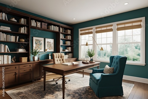 Wallpaper Mural 3D Visualization of a Comfortable Home Office Space Featuring a Spacious Desk Bookshelves and a Reading Chair for Enhanced Productivity and Focus Torontodigital.ca