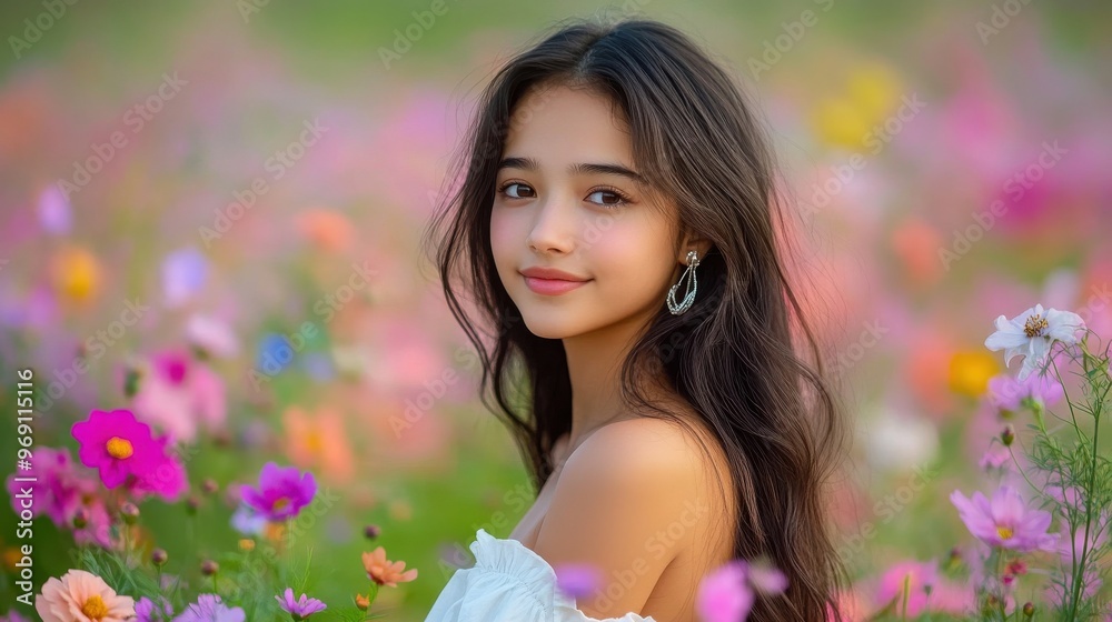 Naklejka premium Blissful Moment Amidst Vibrant Floral Paradise: Young Woman Soaking Up Nature's Beauty