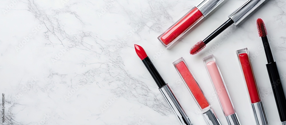 Various lip glosses and applicators arranged on a white marble table flat lay. with copy space image. Place for adding text or design Various lip glosses and applicators arranged on a white marble table flat lay. with copy space image. Place for adding text or design
