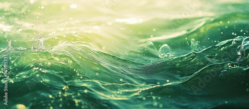 Defocused blurred transparent green calm water surface texture featuring splashes and bubbles Stylish abstract natural background Water waves illuminated by sunlight with copyspace Green watercolor g photo